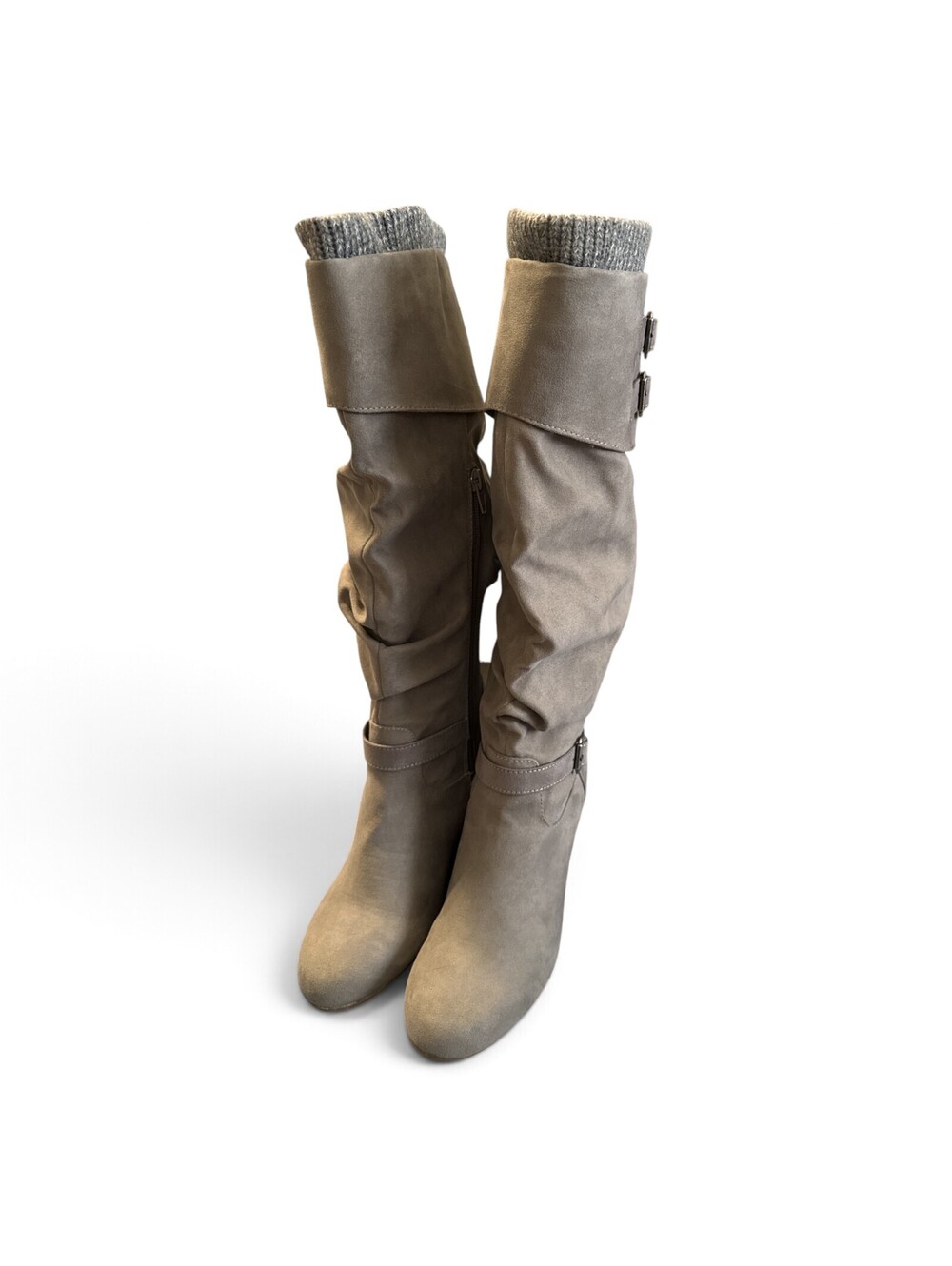 JustFab Taupe Suede Knee High Wedge Boots